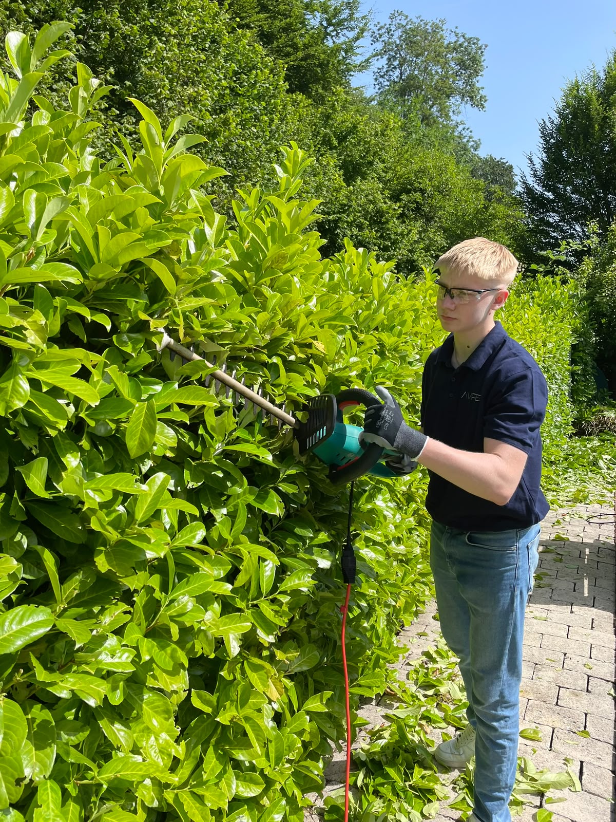 Amos beim Schneiden einer Hecke mit Schutzbrille